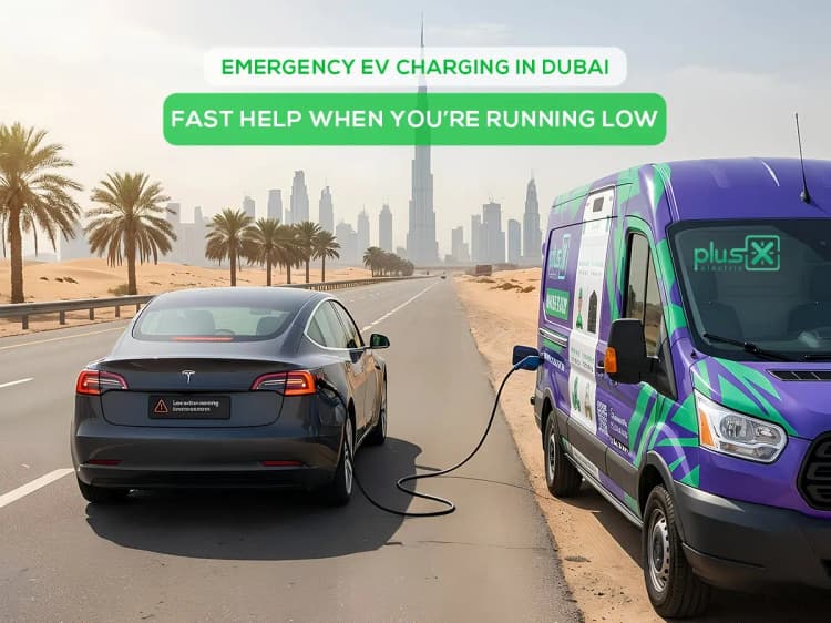 PlusX Electric van charging a Tesla roadside in Dubai