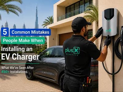 PlusX Electric technician installing a home EV charger on a villa wall in the UAE